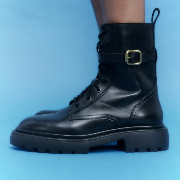ZARA LACED LEATHER ANKLE BOOTS - Picture 1 of 6